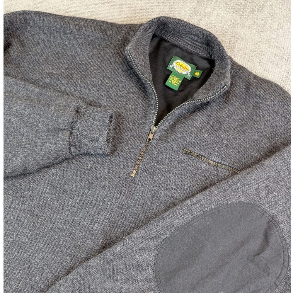 Cabelas Sweater Mens 3XL Tall Gray Quarter Zip Wool Windshear Lined Elbow Patch